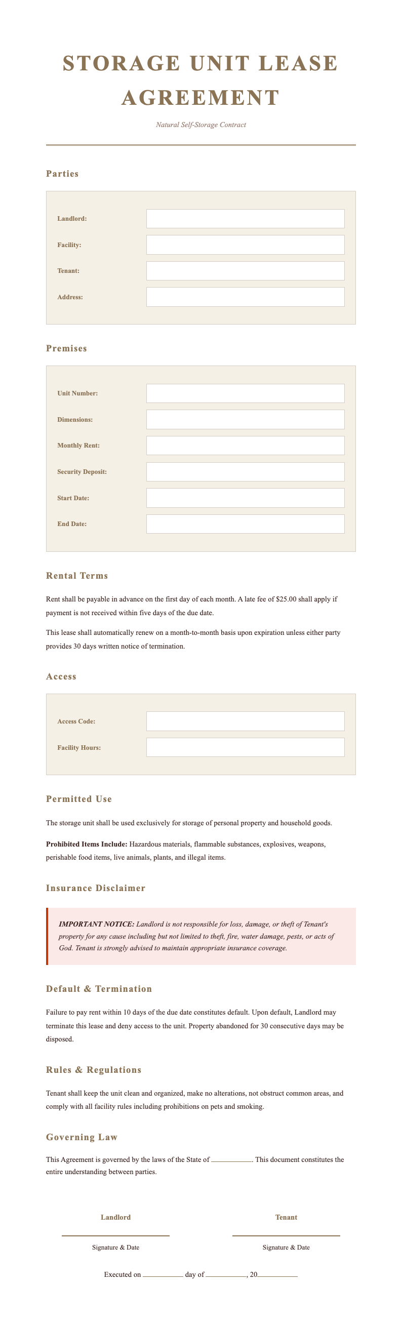 Luxury premium storage unit lease agreement